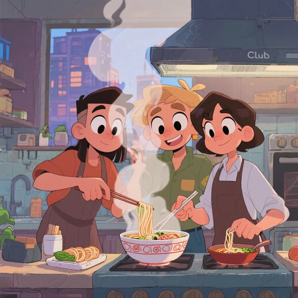 Club friends cooking ramen, steam rising, cel-shaded, city kitchen, big eyes.
