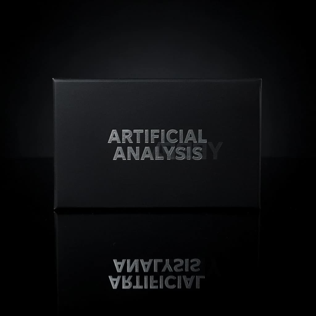 On the black box, silver foil embossing, centered: "Artificial Analysis" in Comic Sans Small Caps, perfectly justified. The letters are crisp, but the “Y” is duplicated faintly, ghosting right. On the box’s reflection, the word order is inverted: ARTIFICIAL ANALYSIS.