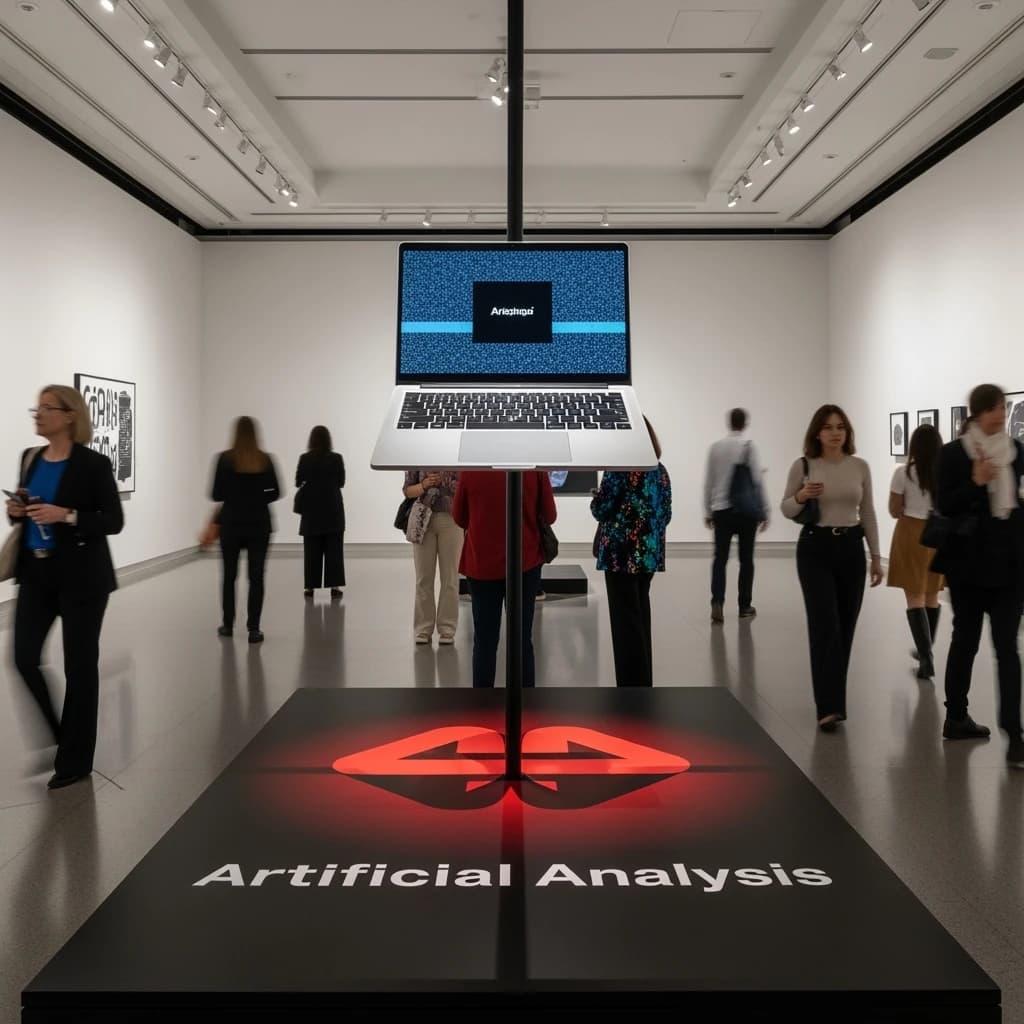 In a spotless gallery space, a pedestal supports a transparent laptop whose screen flickers between static and pristine brand imagery. Shoppers blur past in designer clothes that appear slightly outdated - bell bottoms, metallic jackets. The embossed logo “Artificial Analysis” glints silver, yet its reflection in the glass floor reads in crimson letters. A single spotlight shines, though shadows fall in two directions.