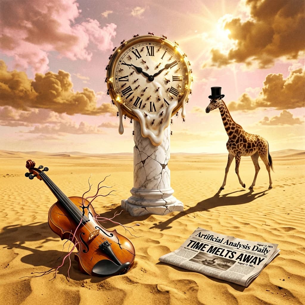 A vast desert plain stretches endlessly under a sky streaked with pale pink and ochre clouds. In the center stands a colossal clock, its face drooping and melting over the edge of a broken marble column. Ants swarm across its warped surface, glinting in the harsh sunlight. To the right, a horse with a giraffe like neck wearing a top hat strides toward the horizon, its shadow stretching miles across the sand. A cracked violin lies half-buried in the foreground, strings snapping outward like veins. Painted in the dreamlike surrealist style. A newspaper named the "Artificial Analysis Daily" lies on the Floor.