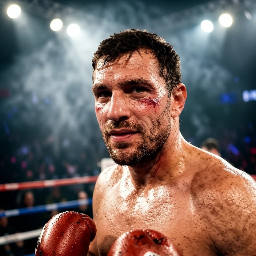 Paint a bruised boxer smiling, serious expression.