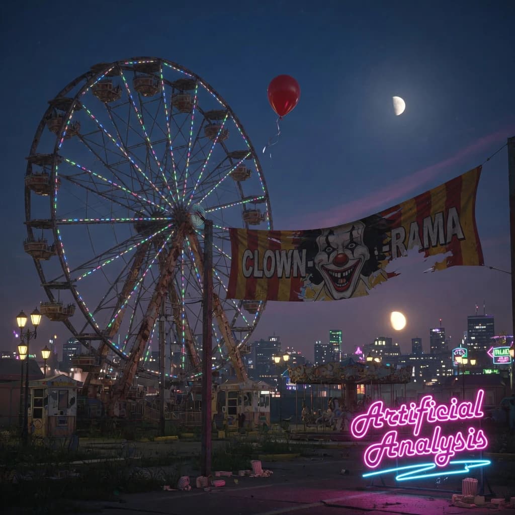 A deserted amusement park glows faintly under a half-moon. The ferris wheel is rusting yet strung with fresh, blinking LED lights. A torn clown banner flaps in a windless air. A lone balloon floats upward, tethered to nothing, while in the far distance city lights flicker on - some neon, some gas lamps as though from another century. 'Artificial Analysis' glows in neon