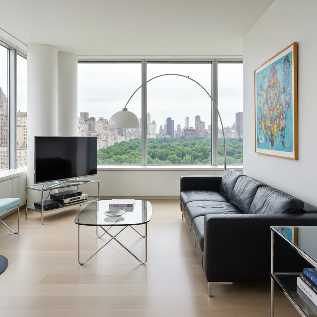 My apartment overlooks Central Park. It’s very luxurious, very expensive, and the furniture is minimal — a black leather couch, a glass coffee table with chrome legs, an Arne Jacobsen floor lamp. A big-screen television set rests on a steel shelving unit. A David Onica painting hangs above the couch. There’s a stainless steel and glass cocktail table. A powder-blue sofa. A thirty-inch digital TV.