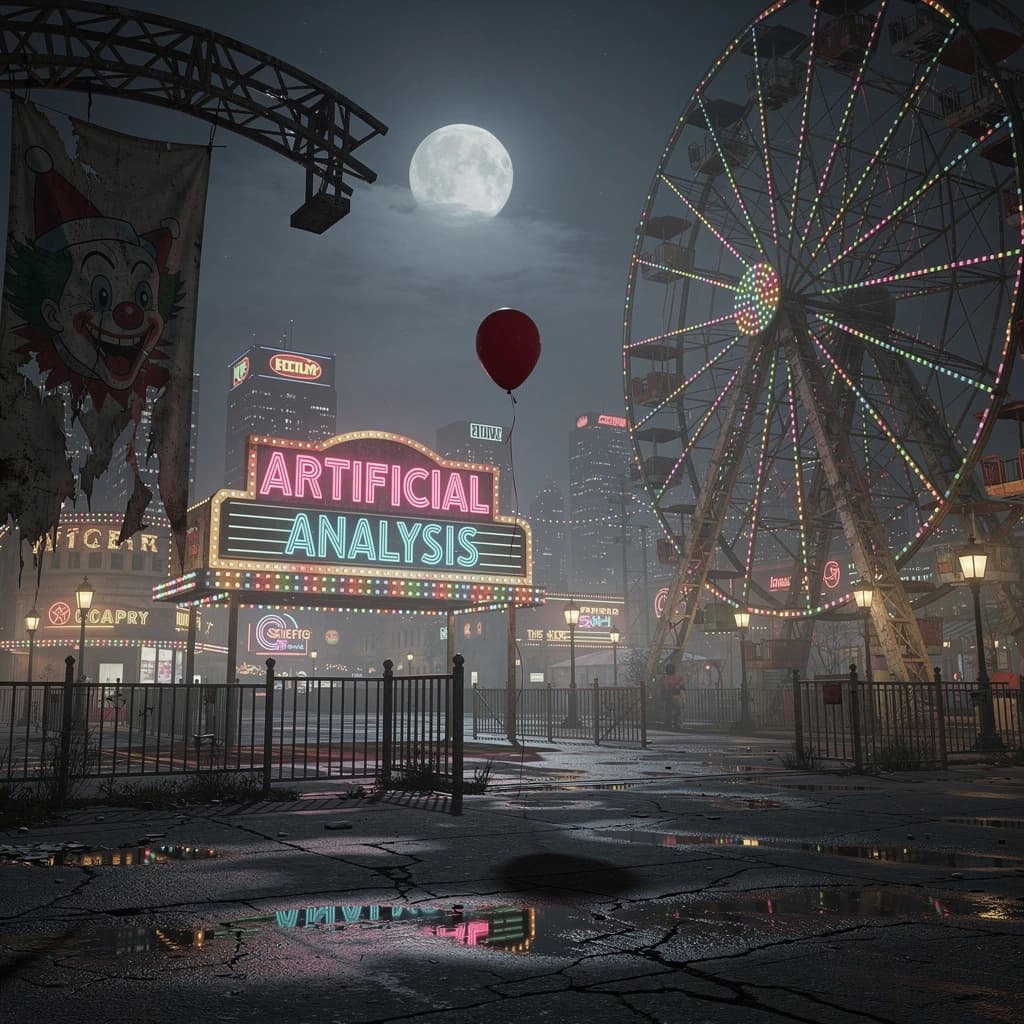 A deserted amusement park glows faintly under a half-moon. The ferris wheel is rusting yet strung with fresh, blinking LED lights. A torn clown banner flaps in a windless air. A lone balloon floats upward, tethered to nothing, while in the far distance city lights flicker on - some neon, some gas lamps as though from another century. 'Artificial Analysis' glows in neon