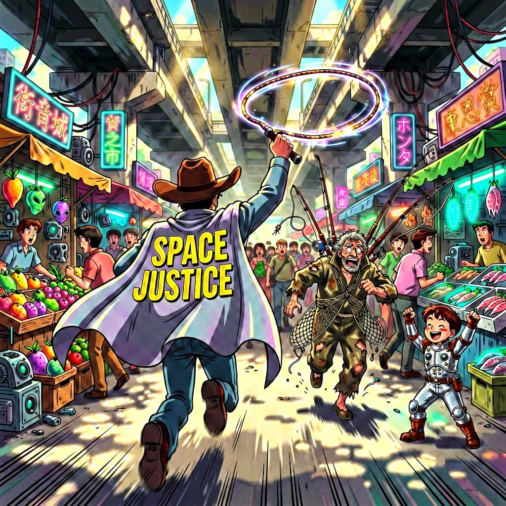 The space cowboy chases the deranged fisherman underneath the causeway, eager to collect on his bounty. Fishing rods and lines hang off the back off the fishermen as he darts between the bustling market crowd. We see the back of the space cowboy in his space poncho emblazoned with the words SPACE JUSTICE, spinning his lasso over his head. A child on the sidelines excitedly cheers the cowboy. 1990s hand drawn anime style with strong fluidity