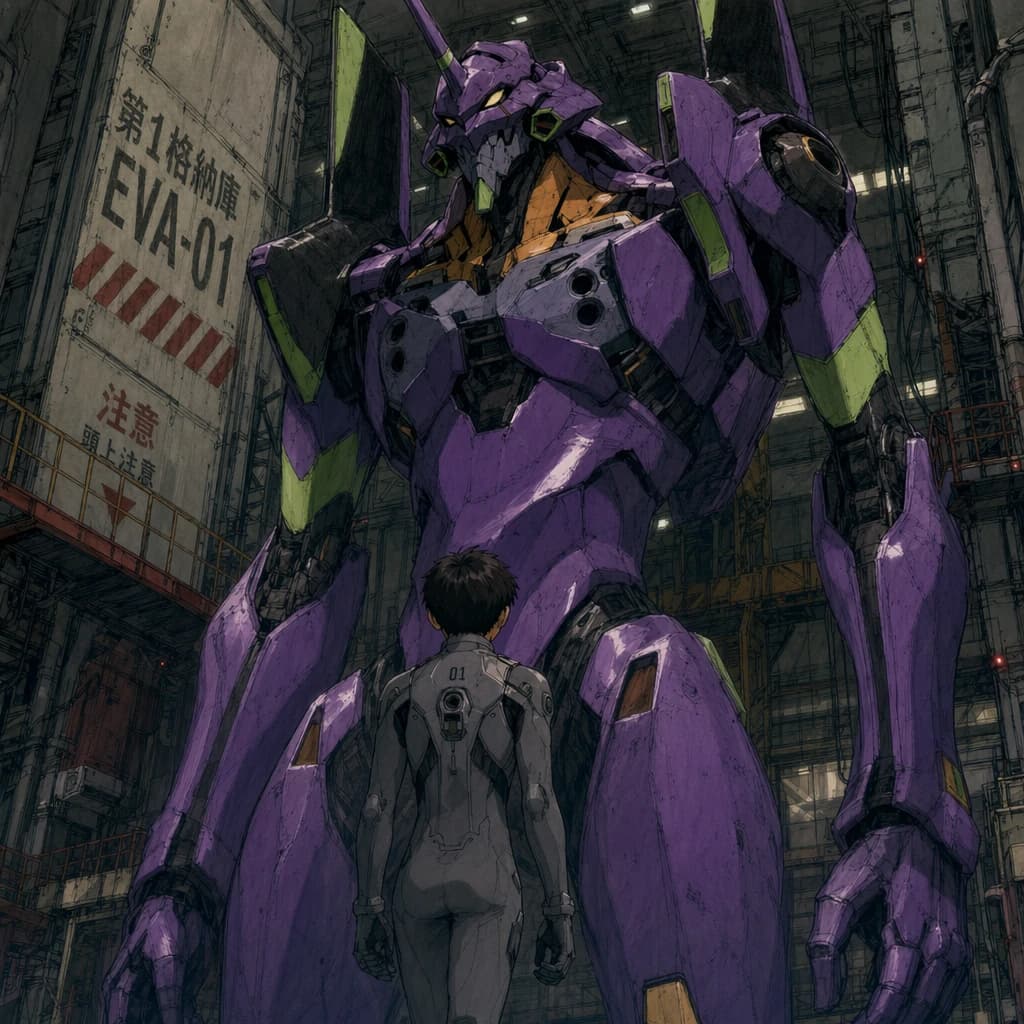 Clad in his body suit up to the neck, young Masa nervously approaches the towering mech with his back facing us. He is nervous for his first time in the field. The mech's bright purple colour scheme contrasts with the grey body suit. The scale of the mech dwarfs Masa. Hand drawn style