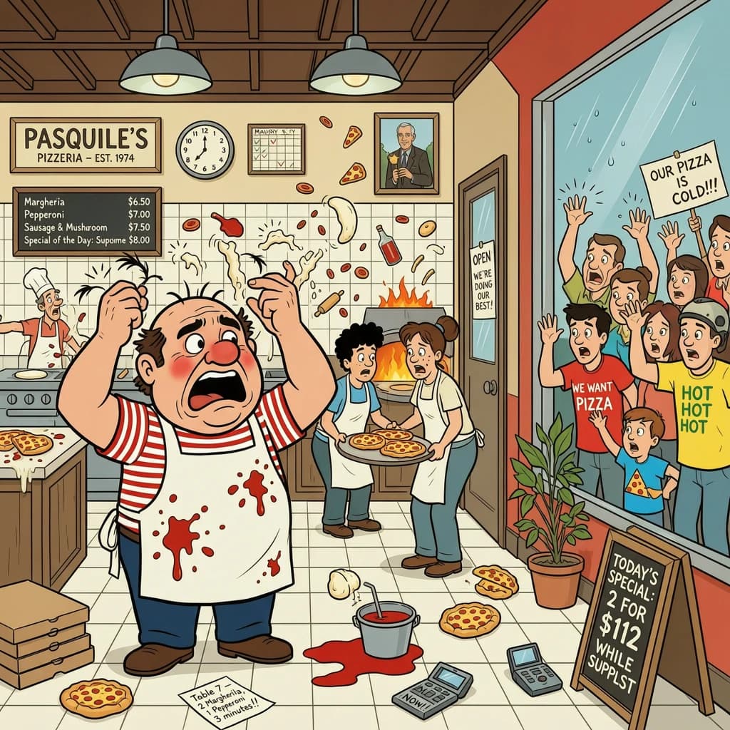 Pasquale is pulling his few remaining hairs out over a disaster at the pizzeria - the cooks are working as fast as they can but the crowds outside are swelling and they demand hot hot pizza! They are banging on the glass and some are wearing "we want pizza" shirts. 1980s western TV animation style.