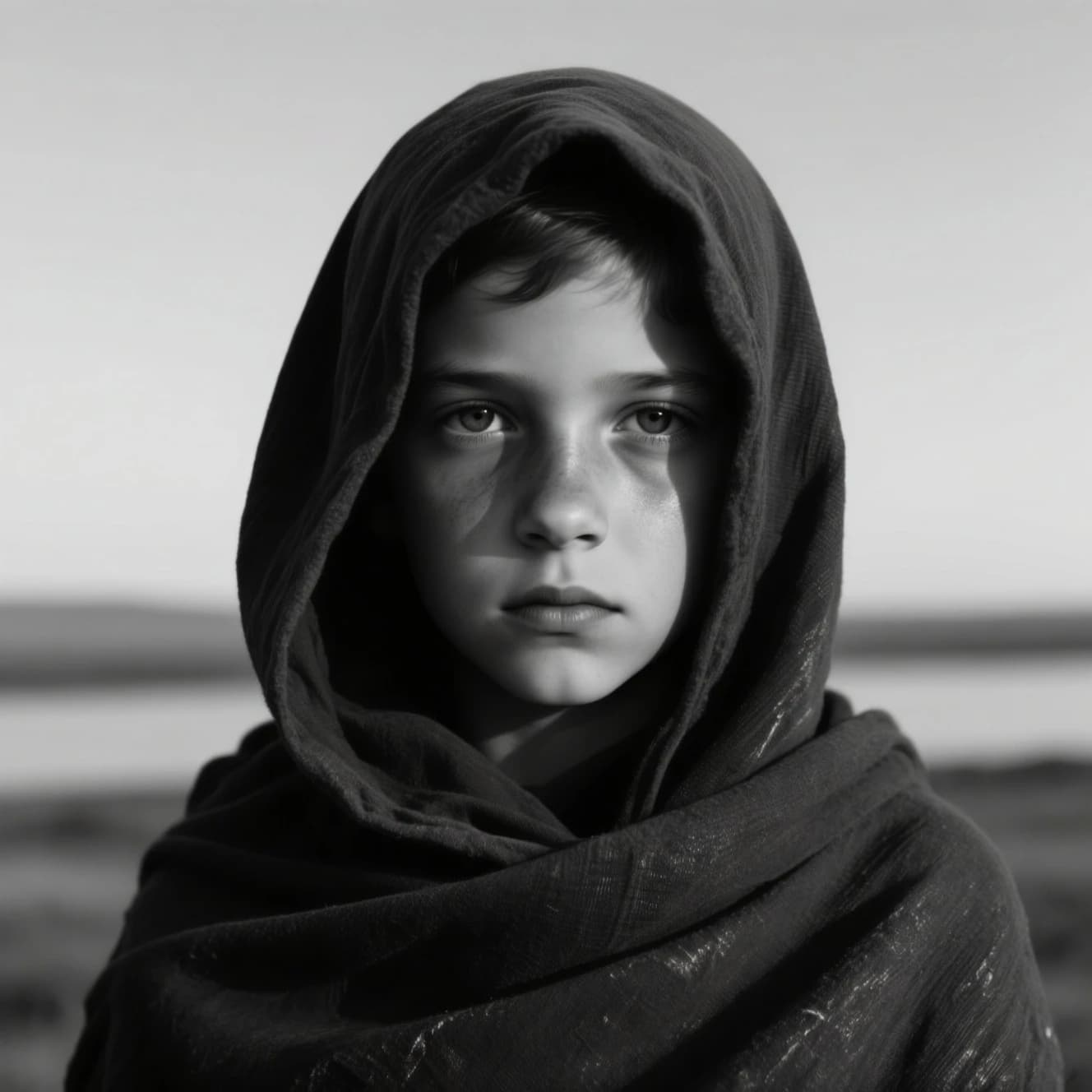A dramatic black-and-white portrait of a young person draped in a hooded garment, their face framed by the hood's dark folds. Their skin tone and the subtle sheen on their cheeks create striking tonal contrast against the deep shadows. Their eyes are piercing, looking directly into the lens with a calm, steady intensity—neither confrontational nor submissive, but deeply present. The texture of the fabric is visible: it's dense, slightly weathered, and whisper-thin creases catch the light. In the background, an expansive, out-of-focus landscape suggests open space—perhaps distant plains or water—though the details remain soft and abstract. The overall mood is silent yet powerful, poised between vulnerability and resilience, with every highlight and shadow telling part of their story.