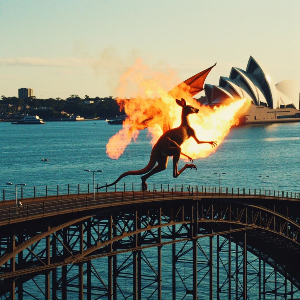 A dragon breathes fire at a kangaroo that is running away by climbing over the top of the Sydney Harbour Bridge. Opera House visible in the background.