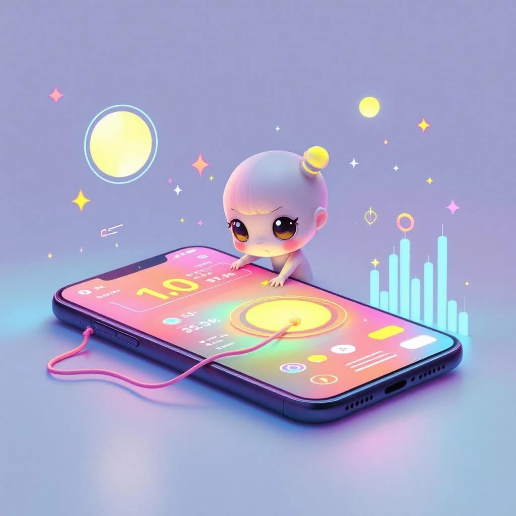 A chibi artist crafts a sleek mobile dashboard, neon pastel glow.