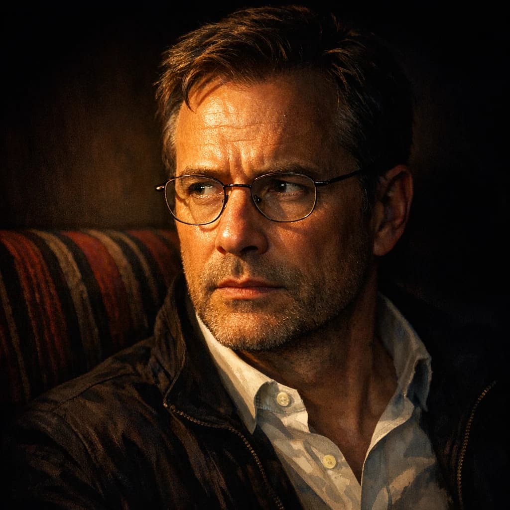 A sharply lit portrait of a middle-aged man wearing thin-rimmed glasses and a dark jacket over a white collared shirt. He gazes intently to the side, his face half illuminated by warm light while the background recedes into deep shadow. The expression is thoughtful, almost wary, as if caught mid-conversation. Behind him, a striped cushion in muted reds and blacks adds subtle texture, contrasting with the crisp highlights on his forehead and glasses. The overall mood is contemplative and cinematic, balancing warmth with tension.