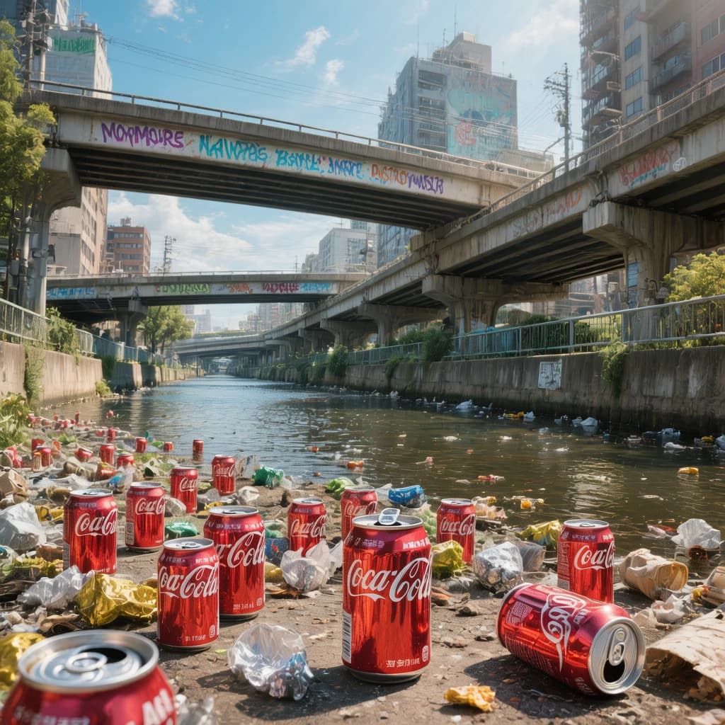 Red soda cans and other garbage sit strewn across the bank of an urban river only a few metres wide. Concrete overpasses criss cross overhead on a bright and sunny day. Fading skywriting proposes marriage