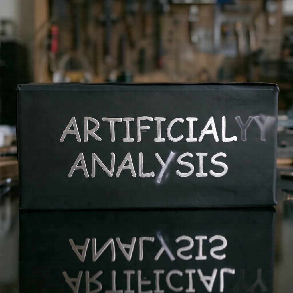 On the black box, silver foil embossing, centered: "Artificial Analysis" in Comic Sans Small Caps, perfectly justified. The letters are crisp, but the “Y” is duplicated faintly, ghosting right. On the box’s reflection, the word order is inverted: ARTIFICIAL ANALYSIS.