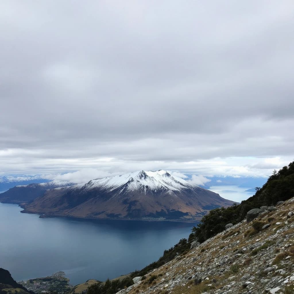 Queenstown's Lake Wakatipu, viewed from the top of Queenstown Hill after a snowstorm just dusted the top of Cecil's Peak