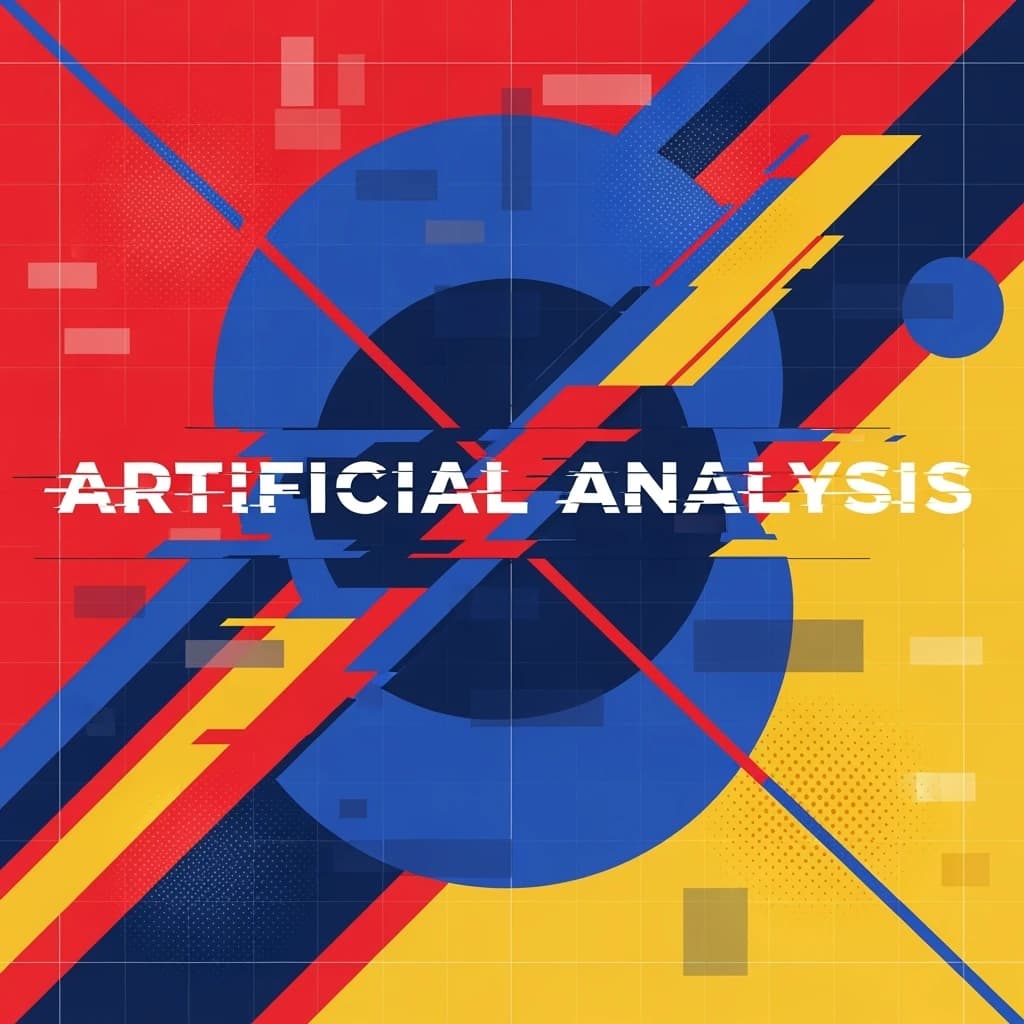 A bold poster composition dominated by flat geometric shapes in crimson, cobalt, and ochre. Overlapping circles and sharp diagonal lines create dynamic tension across the frame. A single sans-serif word — Artificial Analysis — stretches across the center in stark white, distorted slightly as though caught mid-glitch. The background is textured with halftone dots and faint grid lines, while subtle overlays of translucent rectangles suggest depth. Designed in the spirit of modernist Swiss typography fused with digital glitch aesthetics.