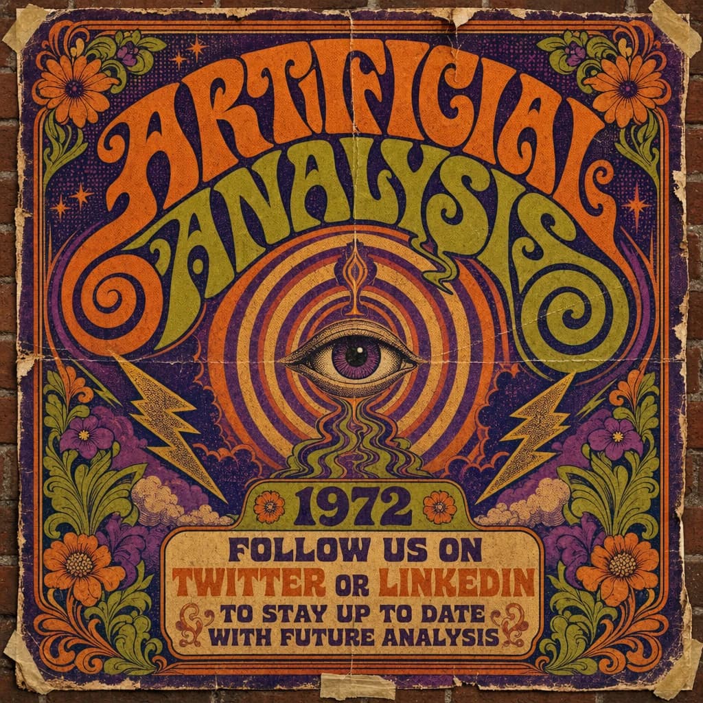 A portrait layout psychedelic concert poster from 1972 bathed in saturated oranges, deep purples, and acid greens. Swirling, hand-drawn typography arcs across the top, spelling out Artificial Analysis in bold, distorted letters that melt into spirals. Surrounded by radiating concentric circles and lightning-bolt motifs. The background is textured with halftone dots and faded paper creases, evoking a well-worn poster taped to a brick wall. Ornate floral borders frame the design, while the bottom features blocky retro lettering listing “Follow us on Twitter or LinkedIn to stay up to date with future analysis” in smaller text. 