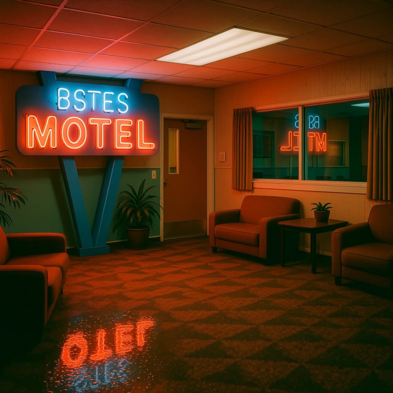 Show a faded 70s motel lobby with humming neon, sticky carpet, film grain.