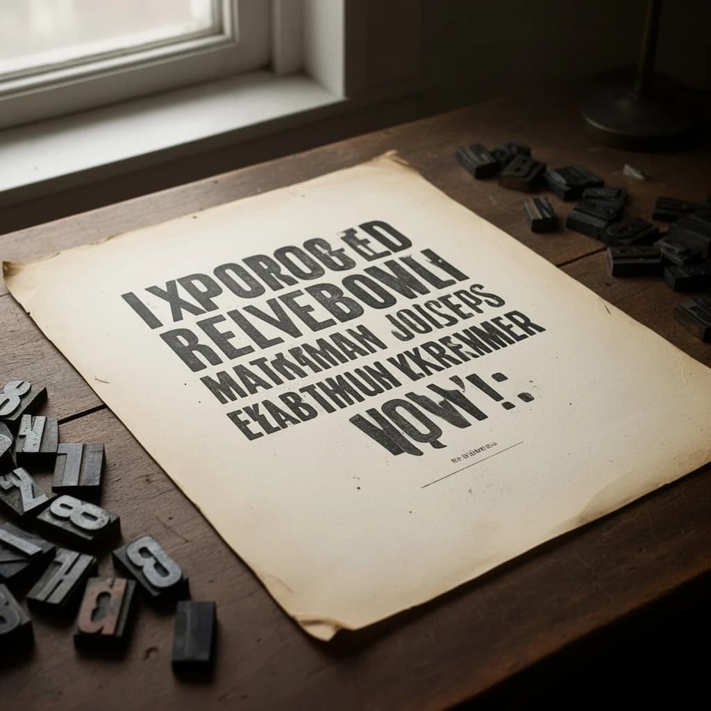 A vintage letterpress poster on a wooden desk: bold slab serif headline, tight kerning, misregistered ink, slightly worn edges, scattered metal type, soft window light.