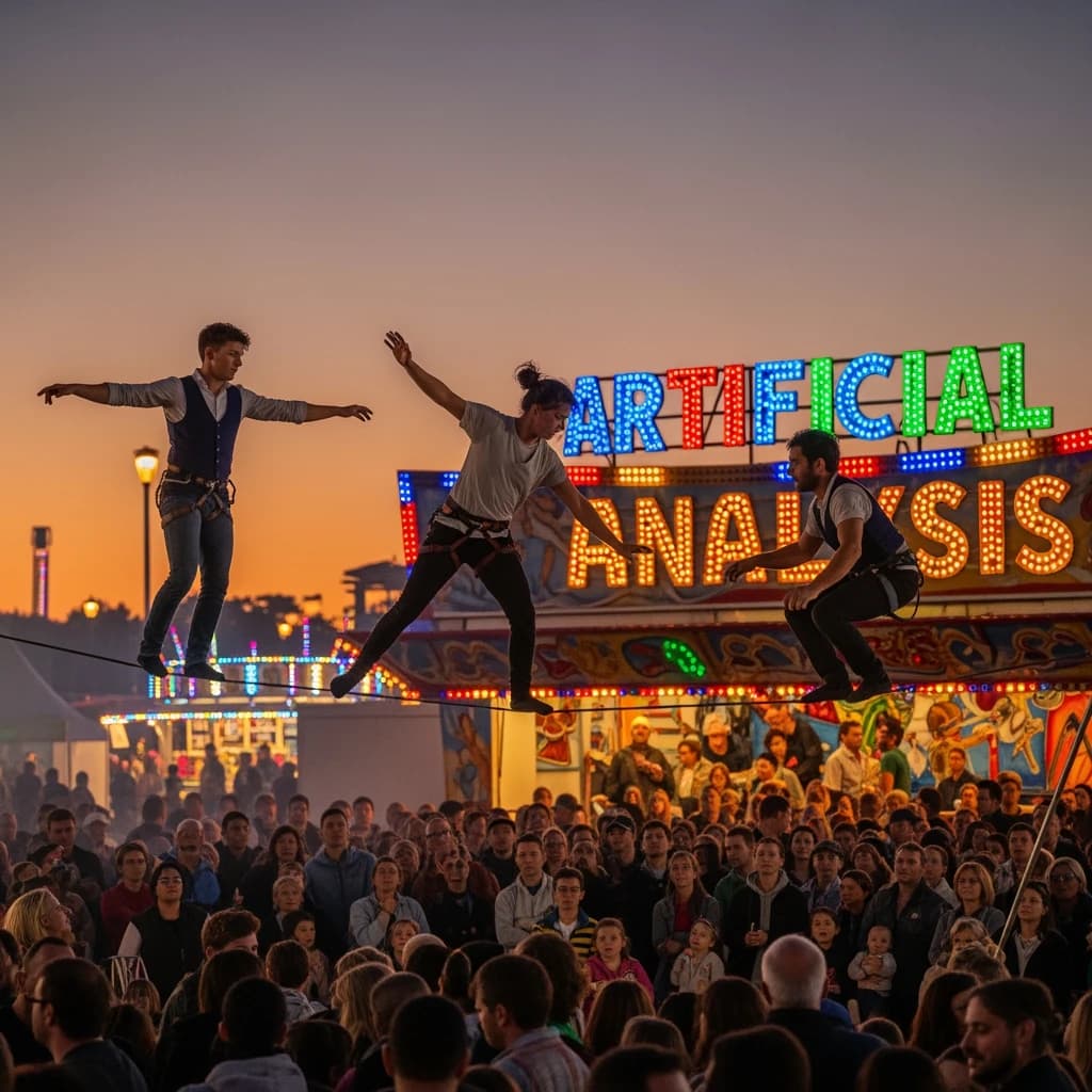 At dusk, high above a carnival crowd, three tightrope walkers balance on a single rope with no aids, one is off balance and grabbing at air. Below, the audience looks upward with baited anticipation. Artificial Analysis is spelled out in the background in carnival lights