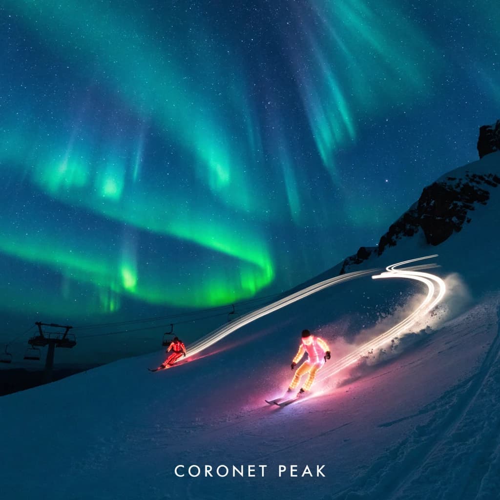Coronet Peak Night Skiing: Skiers in colorful LED suits carve their way down the slopes of New Zealand's Coronet Peak under the Aurora Borealis, the skiers' light trails visible behind them