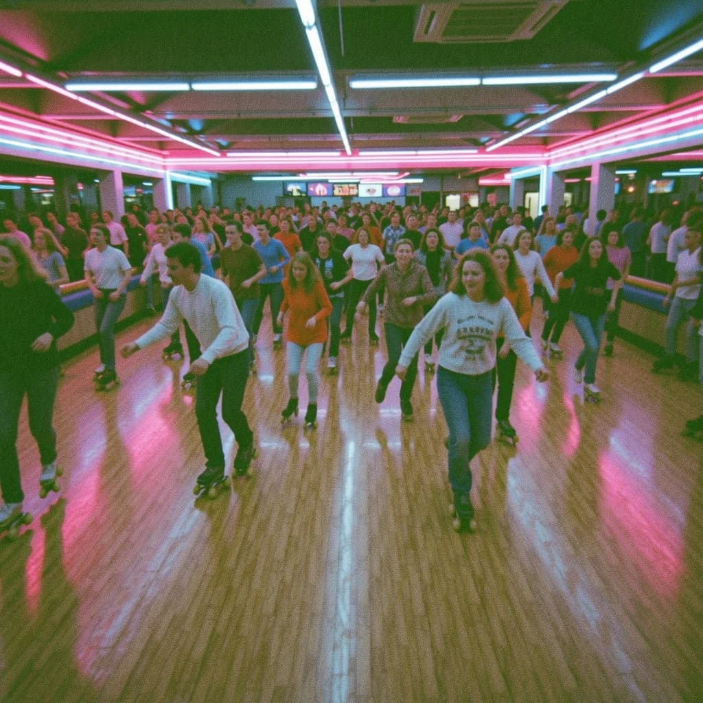 A 1970s roller rink crowd skates under neon, with a bit of fade and film grain.