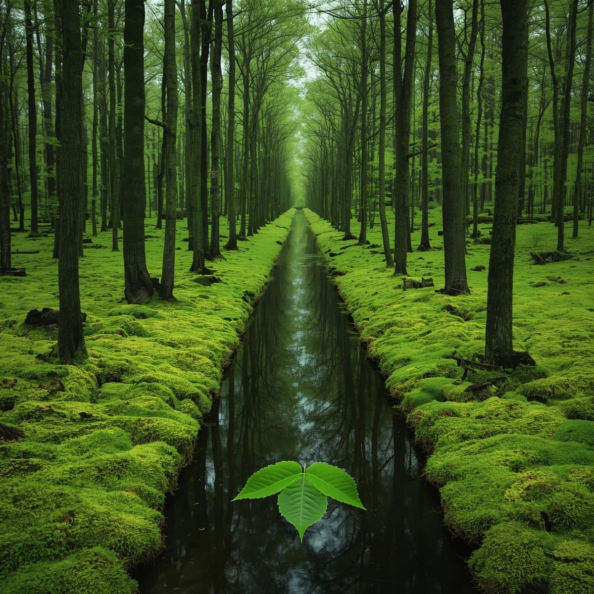 The forest is saturated green, trees identical in height and width, trunks straight, bark texture repeating. One trunk leans diagonally yet the branches remain vertical. The moss is emerald, glistening, though each patch forms identical diamond shapes. A stream runs straight, perfectly linear, water clear, reflecting clouds not visible in the sky. No animals, no insects, but one leaf floats on the water, doubled, showing two overlapping shadows.