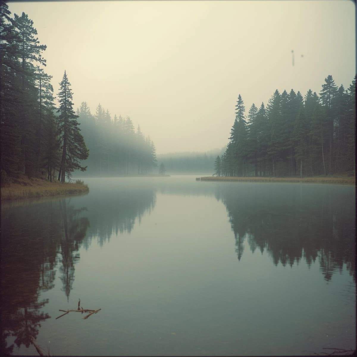 Give me a faded postcard of a misty pine lake at dawn, light leaks, film grain.