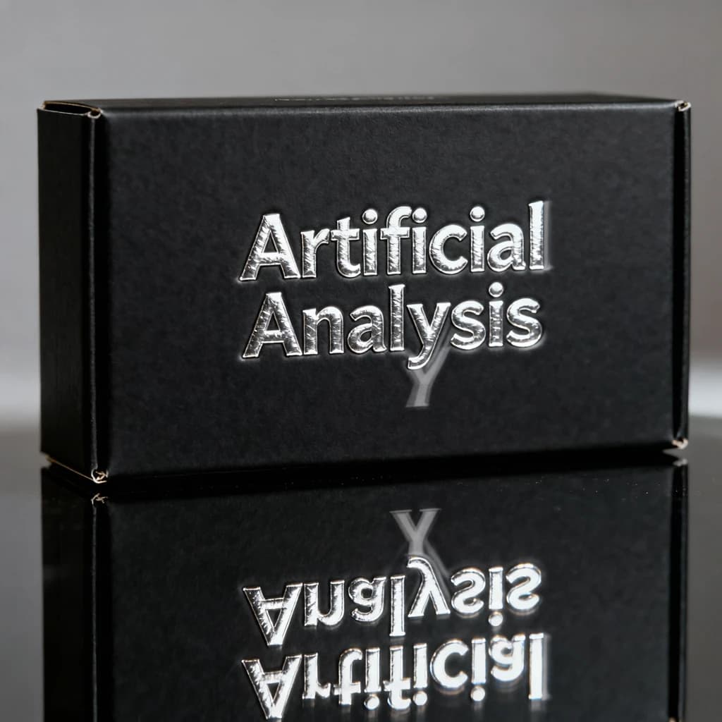 On the black box, silver foil embossing, centered: "Artificial Analysis" in Comic Sans Small Caps, perfectly justified. The letters are crisp, but the “Y” is duplicated faintly, ghosting right. On the box’s reflection, the word order is inverted: ARTIFICIAL ANALYSIS.