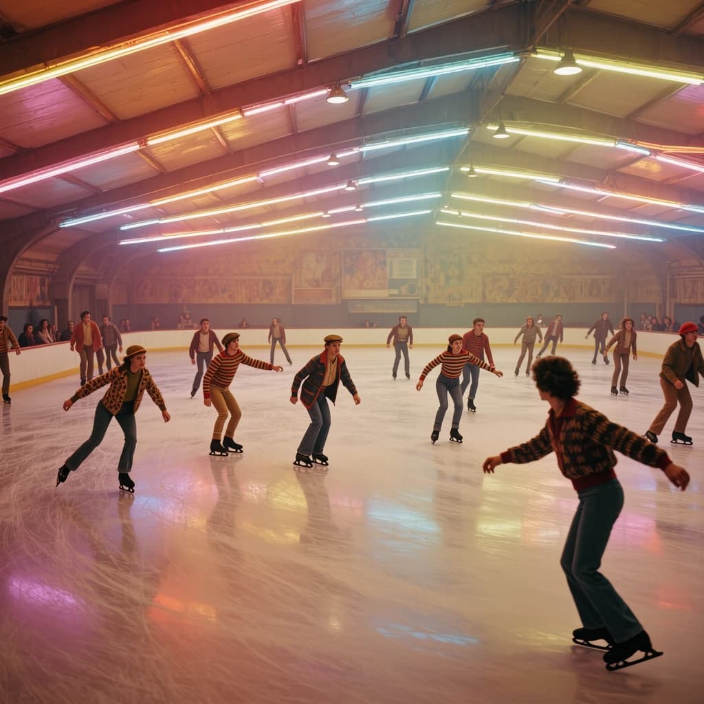 A 1970s roller rink crowd skates under neon, with a bit of fade and film grain.