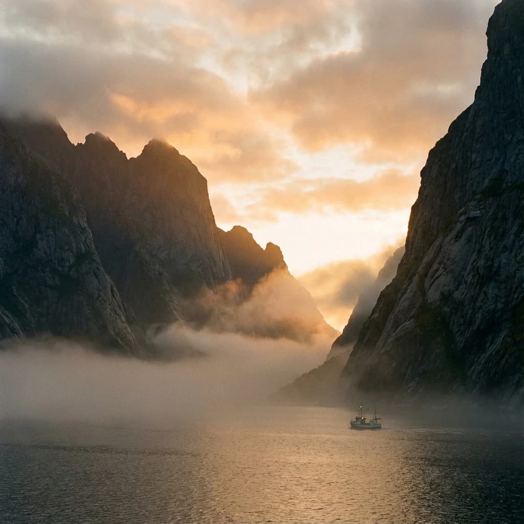 Frame a foggy fjord at sunrise, cliffs looming.
