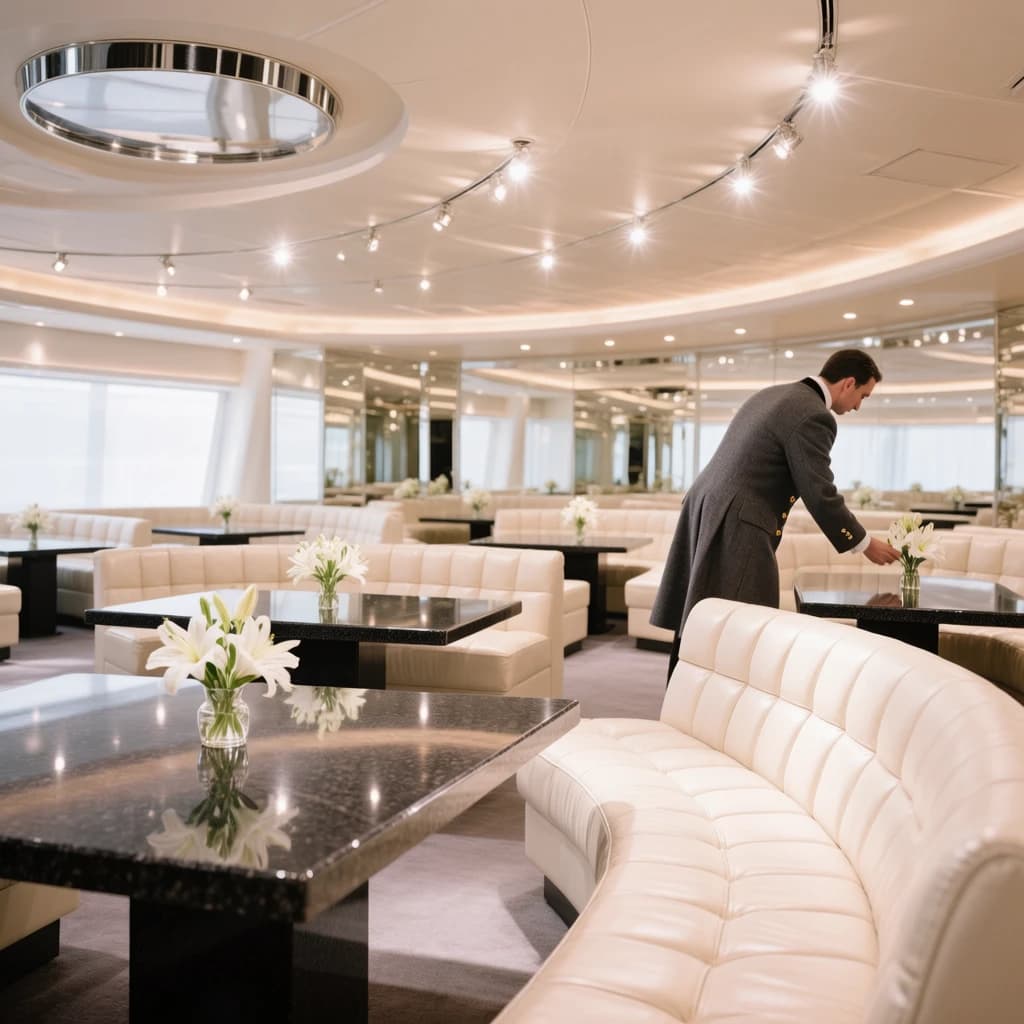 The place is almost empty. The banquettes are covered in white leather, the tables black granite, and the entire room is bathed in halogen track lighting that seems too bright. The maître d’ wears a double-breasted wool crepe jacket. There are lilies on every table.