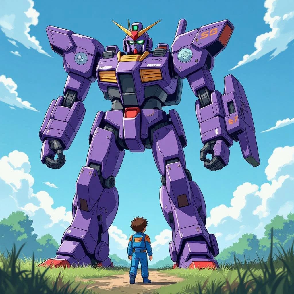 Clad in his body suit up to the neck, young Masa nervously approaches the towering mech with his back facing us. He is nervous for his first time in the field. The mech's bright purple colour scheme contrasts with the grey body suit. The scale of the mech dwarfs Masa. Hand drawn style
