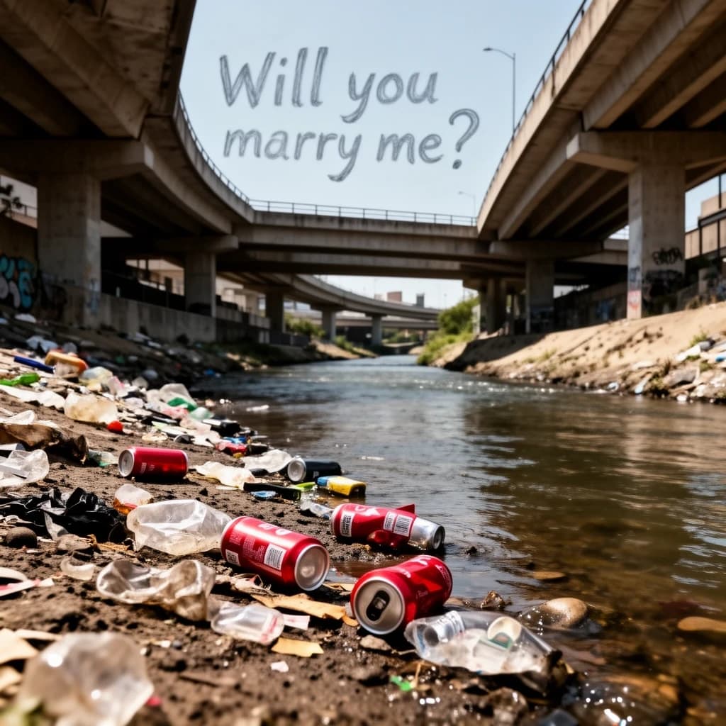 Red soda cans and other garbage sit strewn across the bank of an urban river only a few metres wide. Concrete overpasses criss cross overhead on a bright and sunny day. Fading skywriting proposes marriage