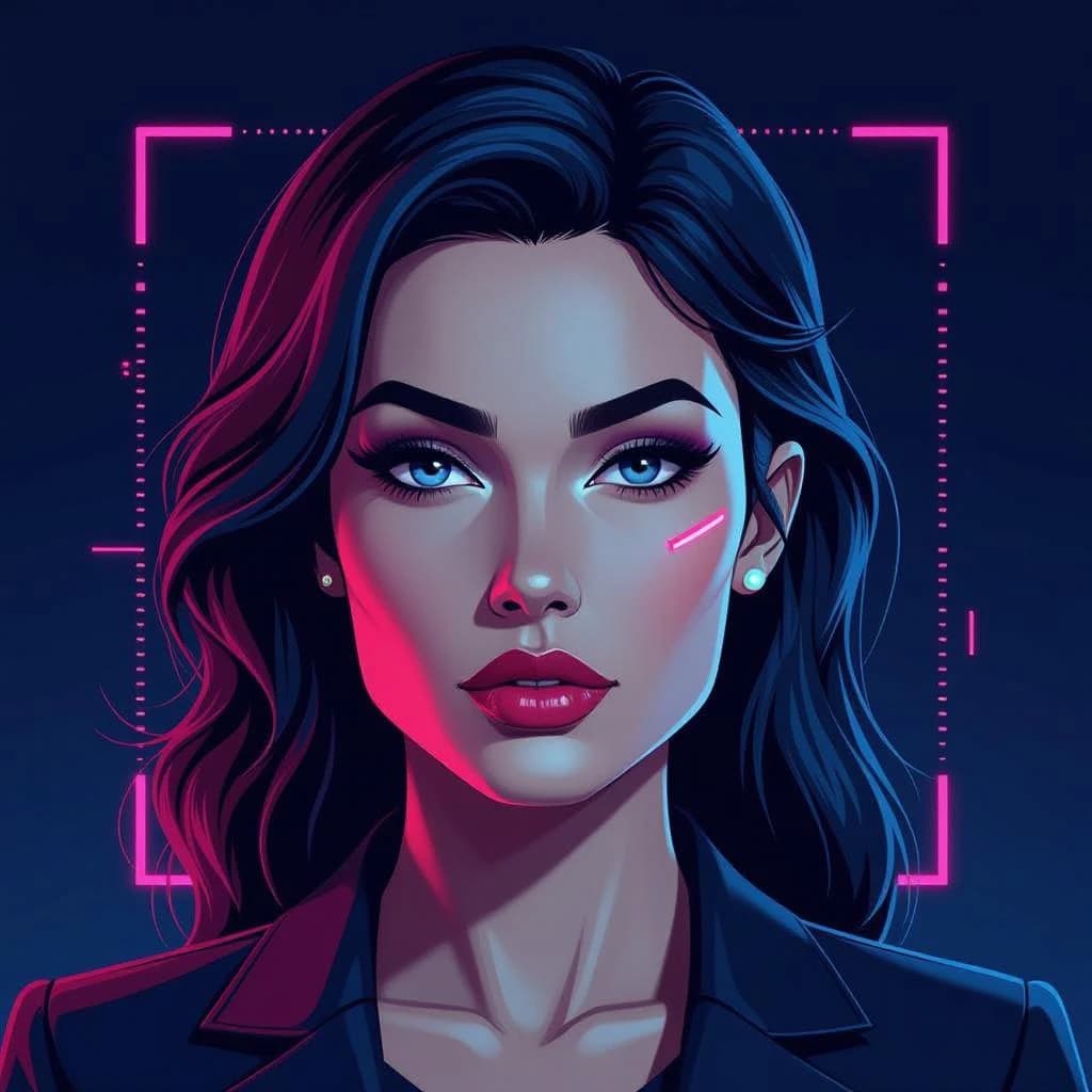 Render a stark 3D portrait of a stern woman, neon accents and vector overlays.