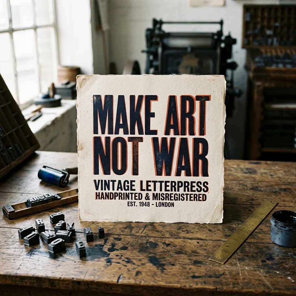 A vintage letterpress poster on a wooden desk: bold slab serif headline, tight kerning, misregistered ink, slightly worn edges, scattered metal type, soft window light.