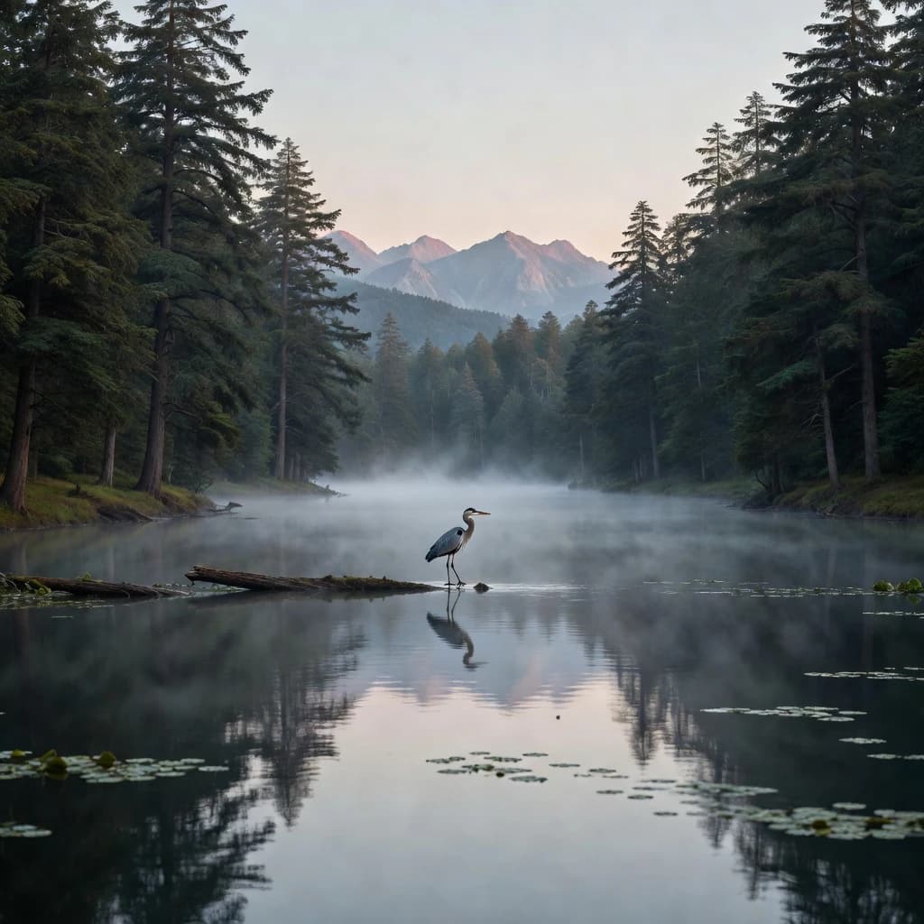 With pre-dawn mist along a cedar forest river and glassy water dotted with lily pads, distant mountains blush pink, and a heron stands still like it forgot what to do next.