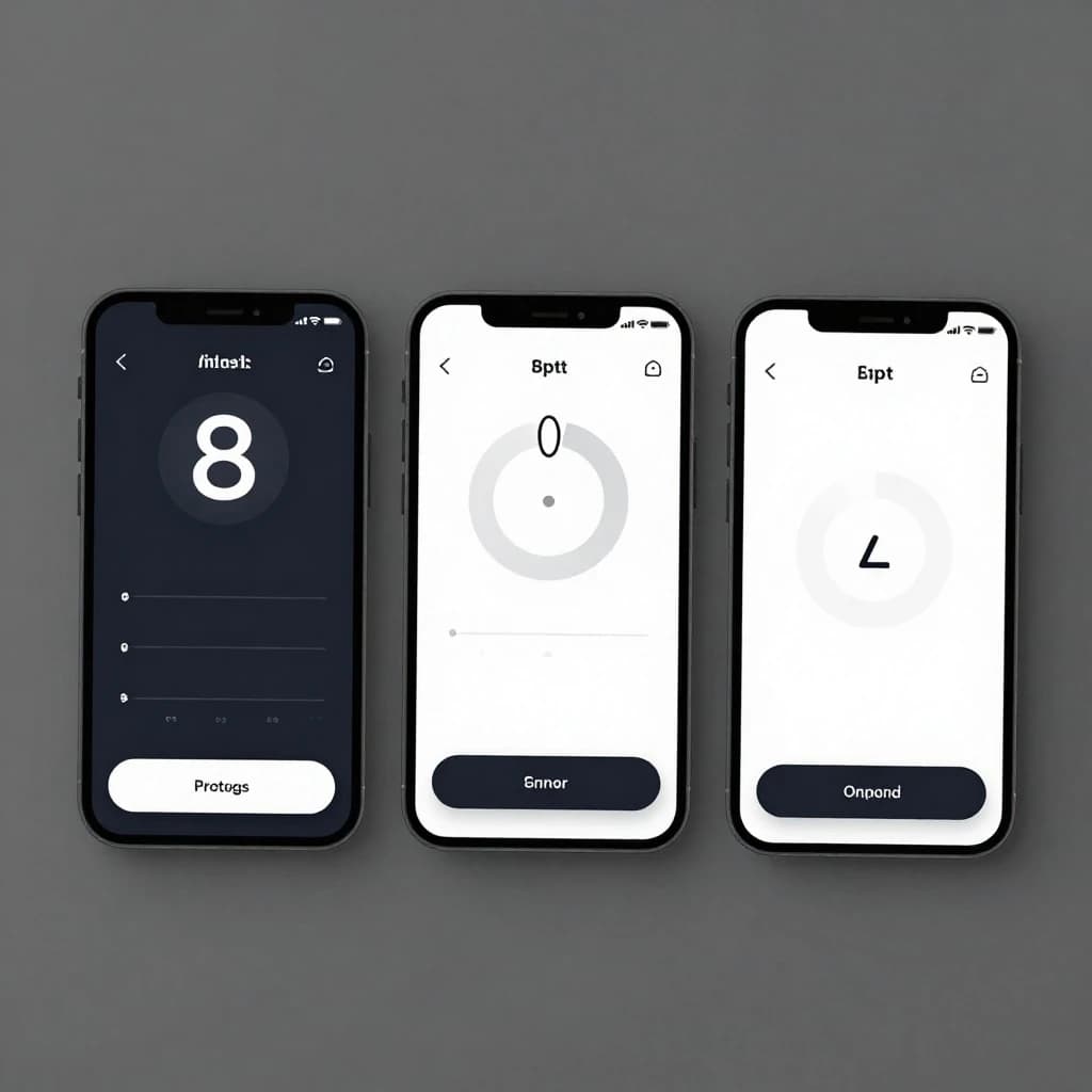 Sleek mobile fitness app screens on a desk: dark mode home, progress dashboard, simple onboarding, clear 8 pt grid, slightly oversized buttons for thumb reach, muted colors.