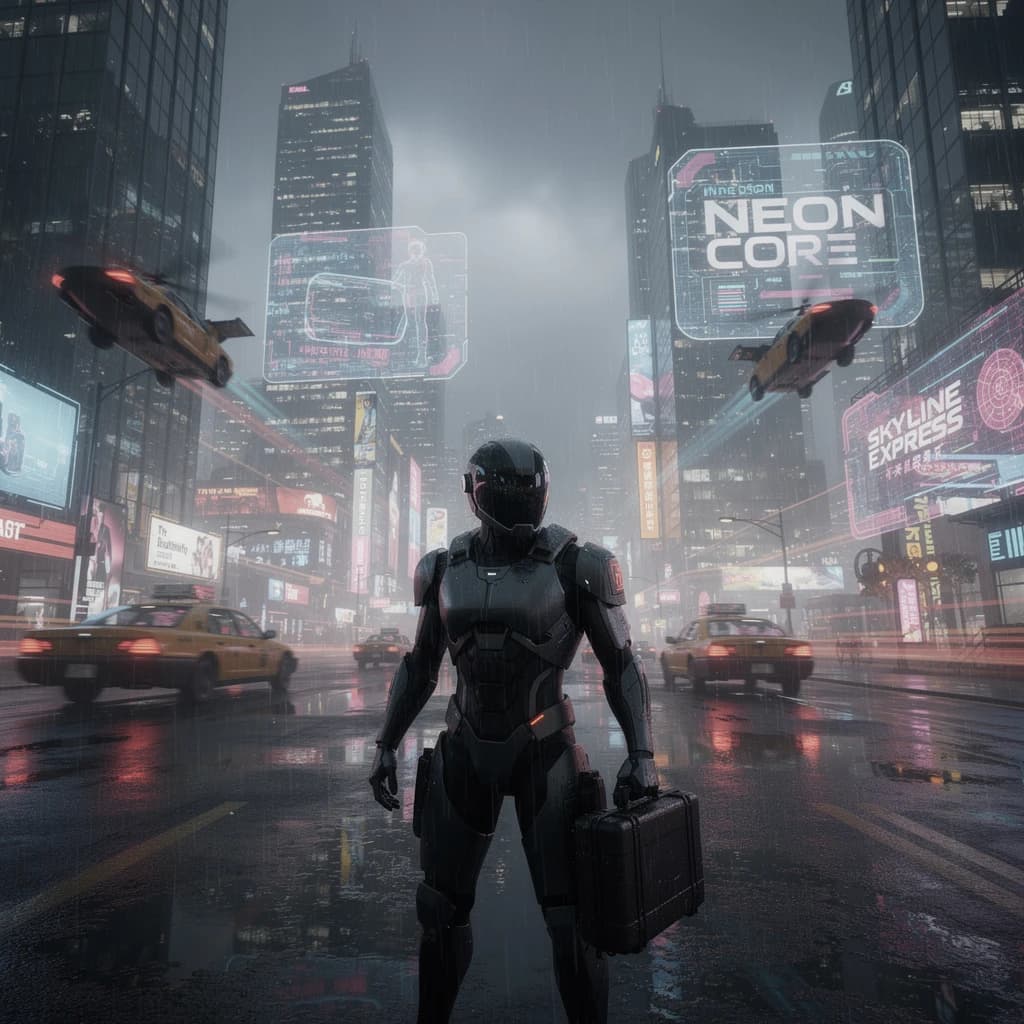 Rain-soaked neon megacity at night, flying taxis weave between glass towers, giant holograms flicker; a lone courier in a matte exosuit, somewhat cinematic wide angle.