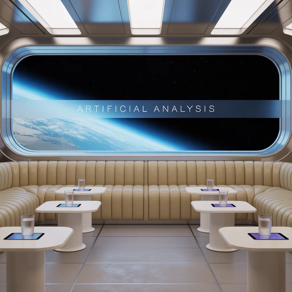 The orbital lounge has brushed aluminum walls and pale leather banquettes. Low white tables are inset with glowing touchscreens. Drinks are clear, flavorless, in tall unmarked glasses. The viewport is floor-to-ceiling, showing Earth moving slowly beneath. The word Artificial Analysis is etched discreetly on the glass in a frosted band.