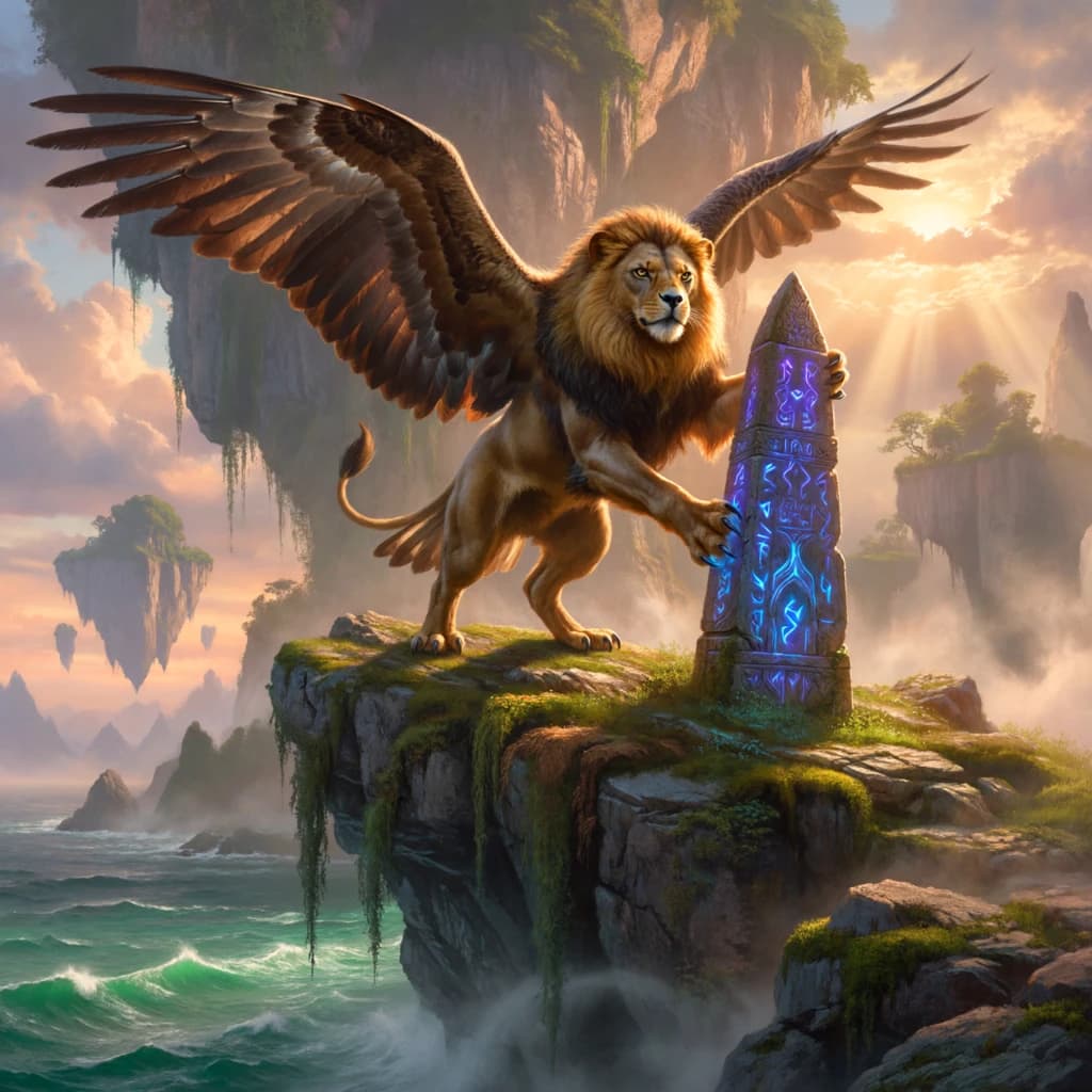 At dawn, a winged griffin lands on a mossy cliff above a jade sea beside a runed obelisk; floating isles drift under golden sunbeams, with a bit of sea spray and glowing runes.