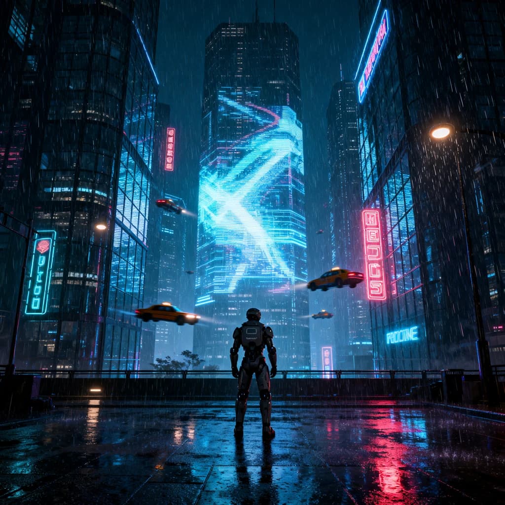 Rain-soaked neon megacity at night, flying taxis weave between glass towers, giant holograms flicker; a lone courier in a matte exosuit, somewhat cinematic wide angle.