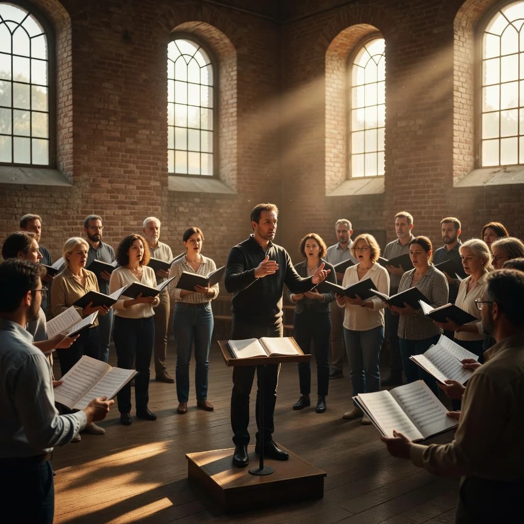 A choir rehearses in a brick hall as somewhat dramatic morning light falls through high windows, with a patient conductor mid-gesture, open scores, intent faces, slight motion blur.