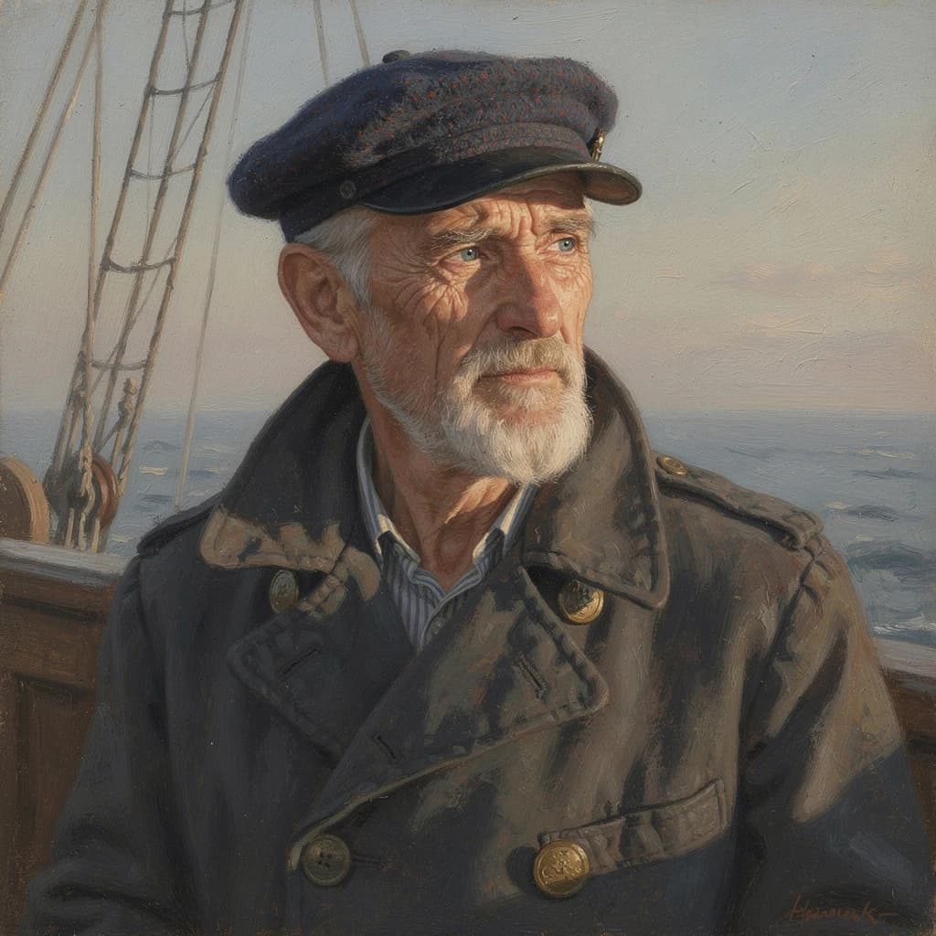 Oil on canvas portrait of an elderly sailor, weathered face, soft light.