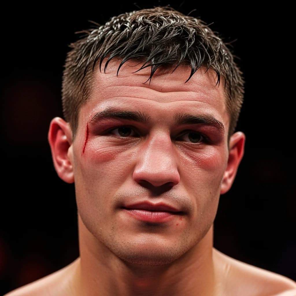 Paint a bruised boxer smiling, serious expression.