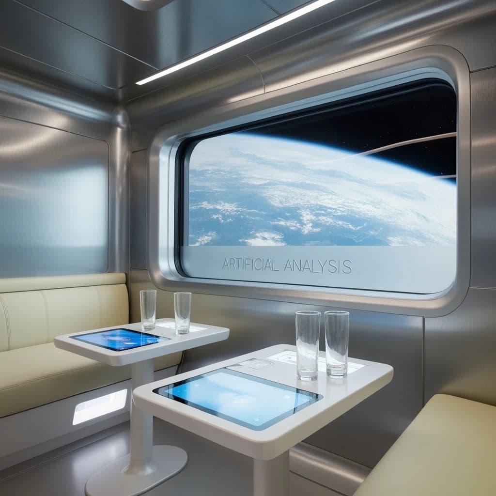 The orbital lounge has brushed aluminum walls and pale leather banquettes. Low white tables are inset with glowing touchscreens. Drinks are clear, flavorless, in tall unmarked glasses. The viewport is floor-to-ceiling, showing Earth moving slowly beneath. The word Artificial Analysis is etched discreetly on the glass in a frosted band.