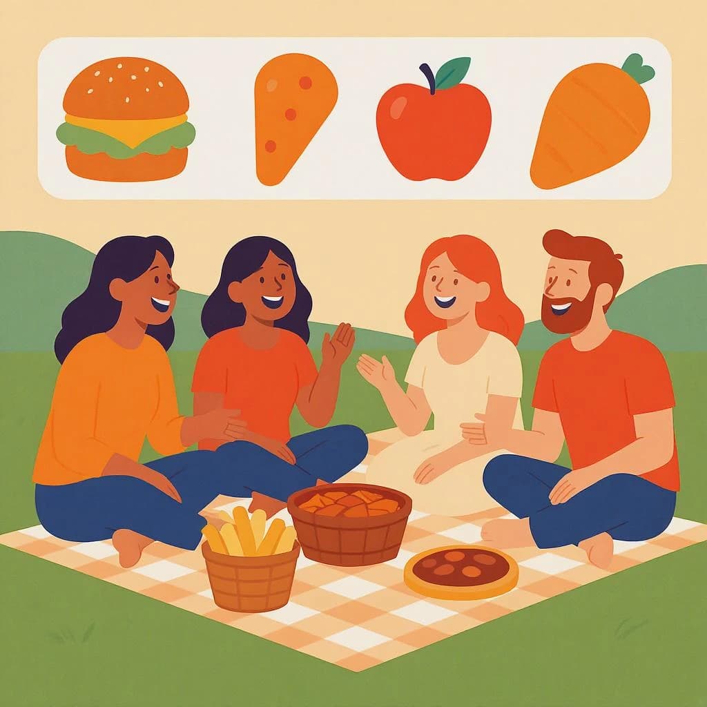 Flat vector picnic scene, friends laughing, oversized food icons, simple shapes.