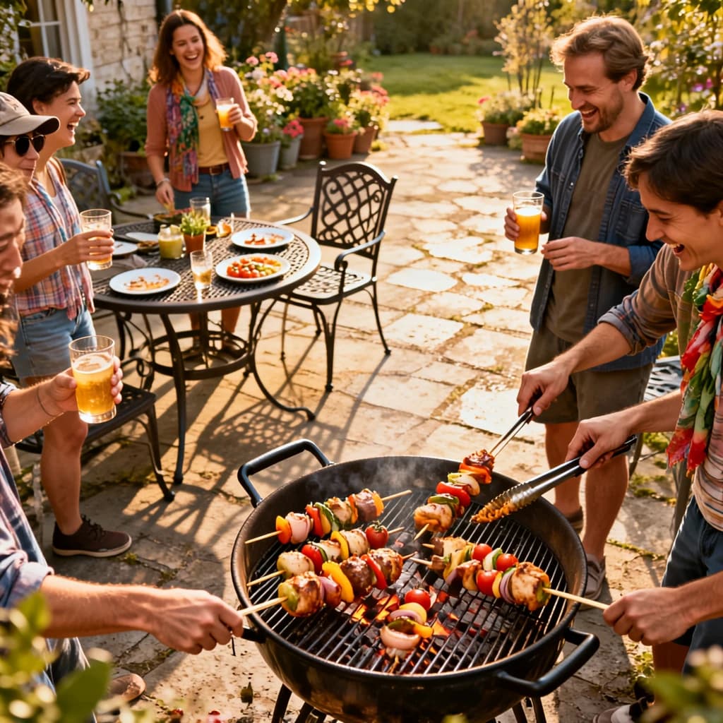 Friends grill skewers on a slightly messy patio.