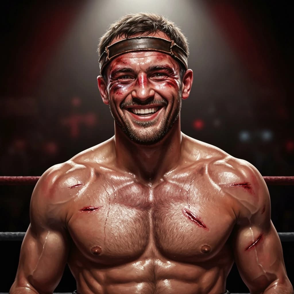 Paint a bruised boxer smiling, serious expression.