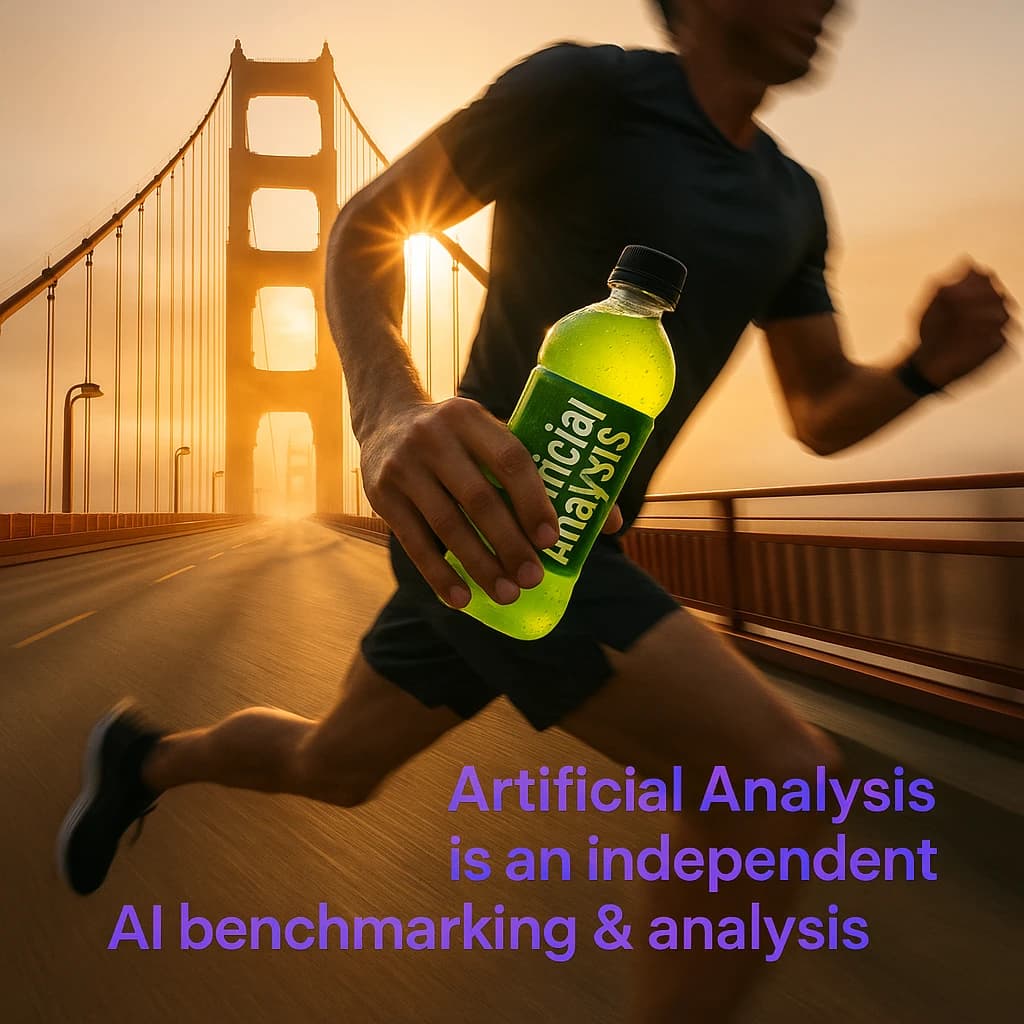 A runner dashes across the Golden Gate Bridge at dawn, sunlight streaming between cables. In their hand, they carry a neon-green sports drink with the brand name Artificial Analysis splashed boldly across the bottle. Motion blur emphasizes speed, while crisp purple sans serif typography overlays the bottom right of the scene with the tagline: Artificial Analysis is an independent AI benchmarking & analysis company
