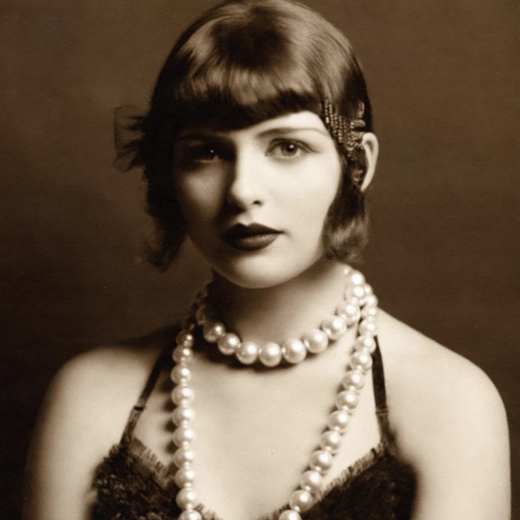 Sepia-toned studio portrait of a flapper with pearl necklace, soft grain.